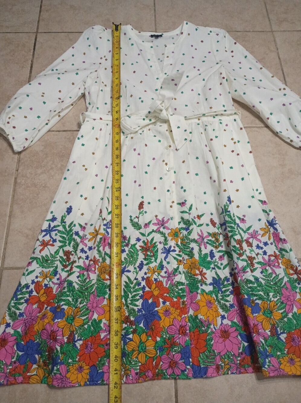 100% Cotton Talbots Ivory Midi Dress with Multicolor Floral Border - Picture 7 of 11